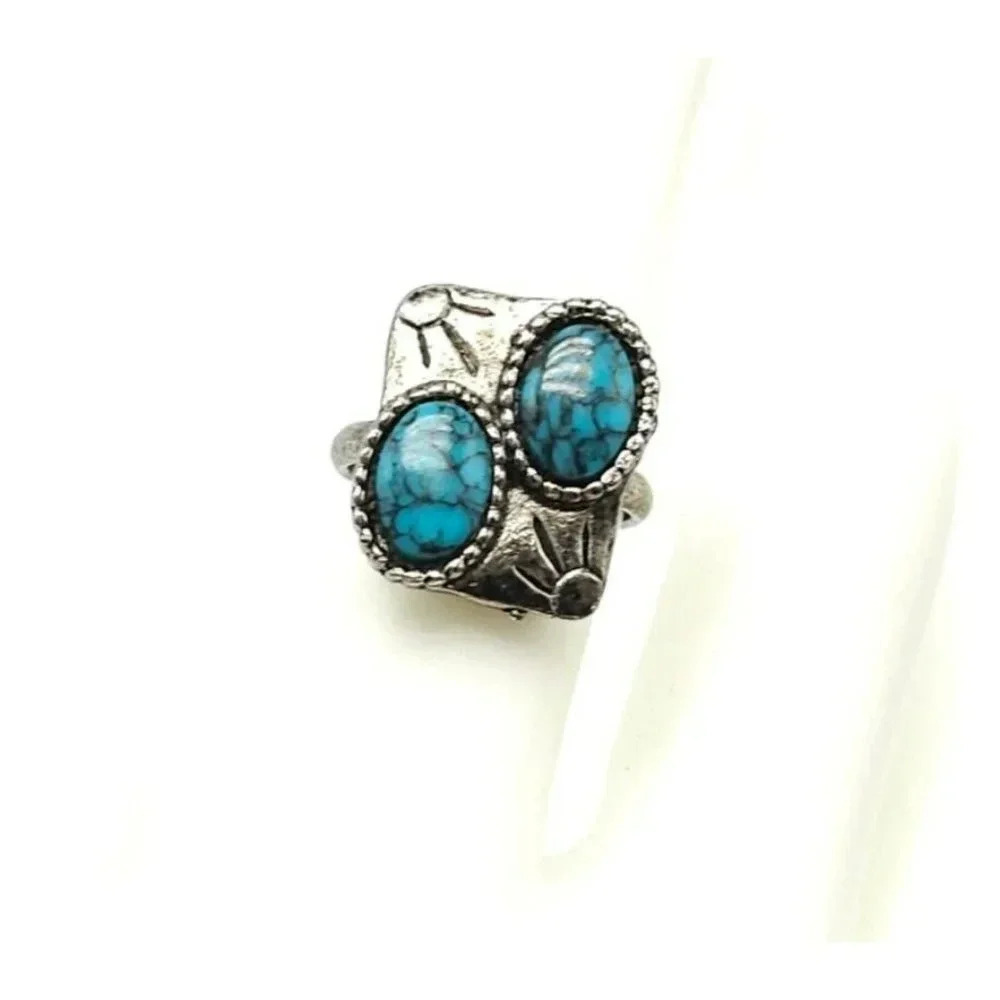 Faux Blue Turquoise Southwest Silver Tone Vintage 1970s Square Ring Size 7